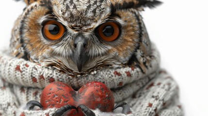 a close up of an owl wearing a knitted sweater and holding a pair of red heart - shaped shoes.