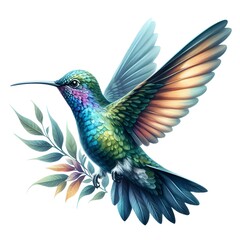 Obraz premium Hummingbird with tree brunch leaf painting art isolated on white background
