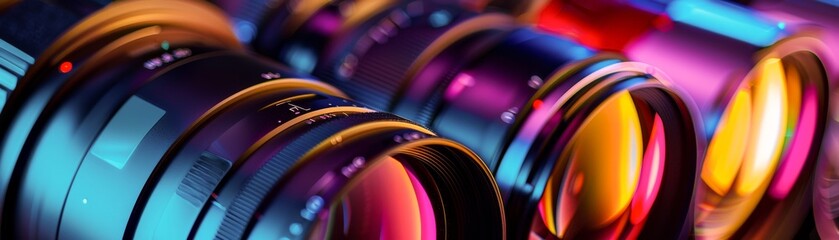 Detailed exploration of the layers within a DSLR lenss elements with colorful lighting revealing the depth of optical engineering - obrazy, fototapety, plakaty