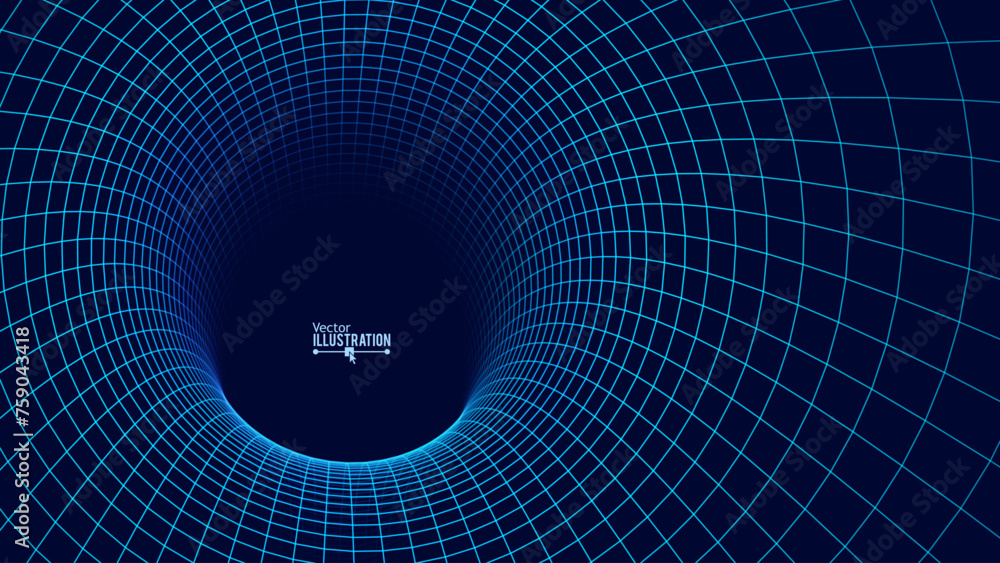 Aufkleber Blue Digital Tunnel or Wormhole. Wireframe Abstract Mesh with Hole. 3D Tunnel Grid Mesh. Blue Hi Tech Texture. Technology or Science Vector Illustation.