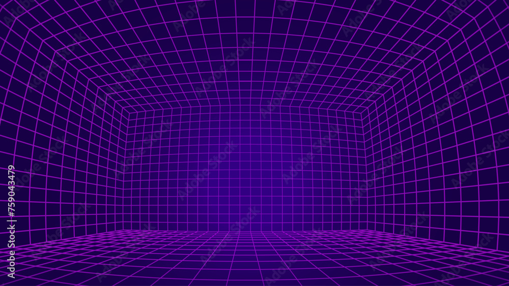 Poster synthwave grid vr 3d room with fisheye lens effect. grid frame retrowave party flyer background. abs