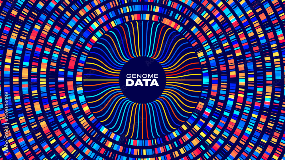 Poster Circular Big Data Graph. DNA Test Infographic. Genome Sequence Map. Chromosome Architecture, Molecule Sequencing Chart. Genetic Science and Technology Concept. Vector Illustration Background.