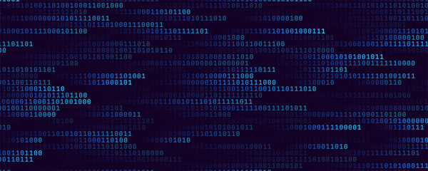 Abstract Binary Software Programming Code Background. Random Parts of Program Code. Digital Data Technology Concept. Random Binary Data Matrix Wide Vector Illustration.