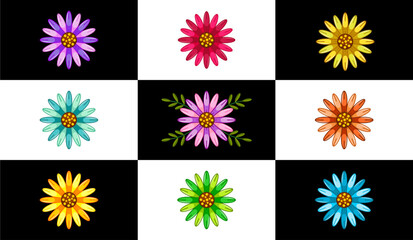 Set of spring colorful flowers. Template design, elements and floral decoration. Graphic vector illustration