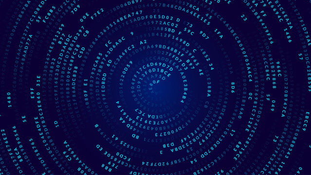 Blue Abstract Matrix Vortex Technology Background. Binary Computer Code Dynamic Spiral. Programming, Coding, Hacker Concept. Binary Numbers Moving in Spiral. Vector Illustration. Sci-fi Background.