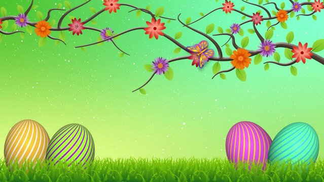 Beautiful butterfly on flower branch with decorated eggs on blur background. Concept for easter holiday.