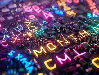 Neon script on a PCB microchips forming words of tech wisdom for inspirational backgrounds
