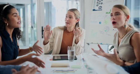 People, conflict and frustrated of employees in meeting, discussion and tension in office. Dispute, disagreement and shouting by coworkers arguing, unhappy and angry with stress in corporate career - Powered by Adobe