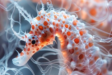 The marine seahorse glows with luminescent against of the dark sea professional photography