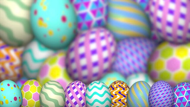 Copy space for easter holiday blessings. Focused on decorated line of Easter eggs.