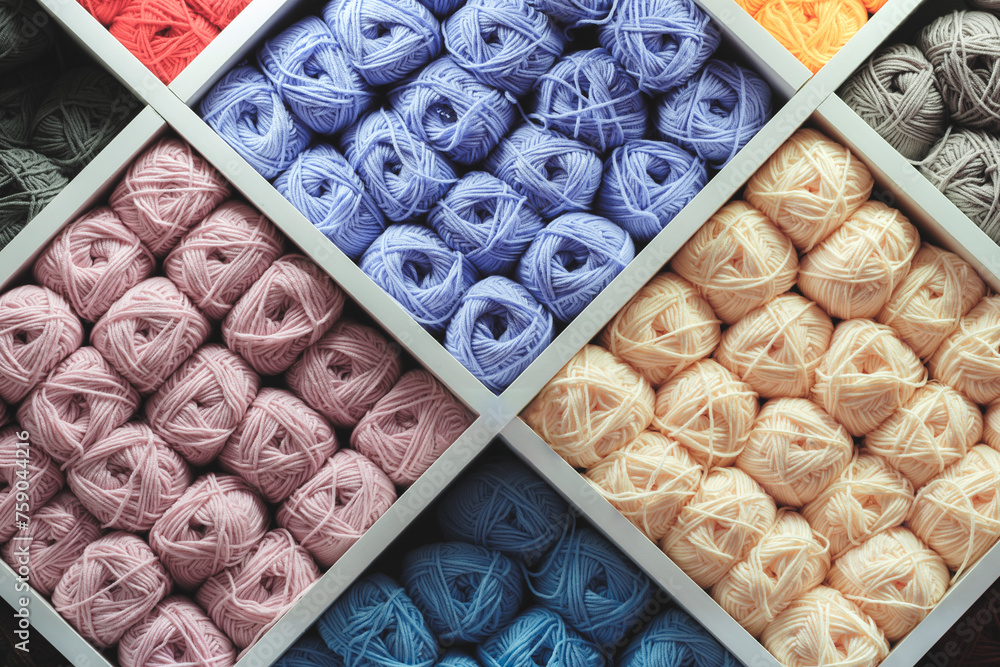 Fototapete multi-colored skeins of wool on display in a store as a background