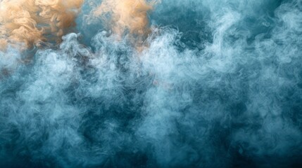 a large amount of smoke billowing out of the top of a blue and yellow smokestack in front of a black background.