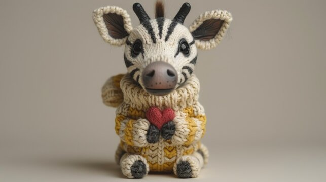 a knitted zebra holding a red heart sitting on top of it's back legs in front of a gray background.