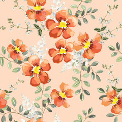 Nasturtium flowers, green leaves, peach background. Floral illustration. Vector seamless pattern. Botanical design. Nature garden plants. Summer bouquets