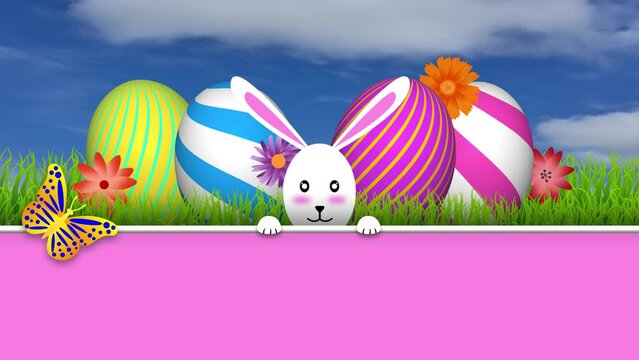 Cute bunny with little smile with beautiful eggs and flowers. White bunny behind the wall and smiling.