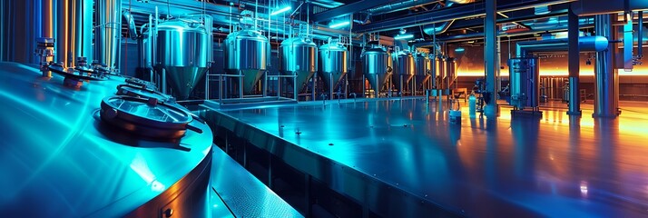 A brewery's fermentation tanks gleaming under fluorescent lights, hinting at the craftsmanship behind each batch of beer.