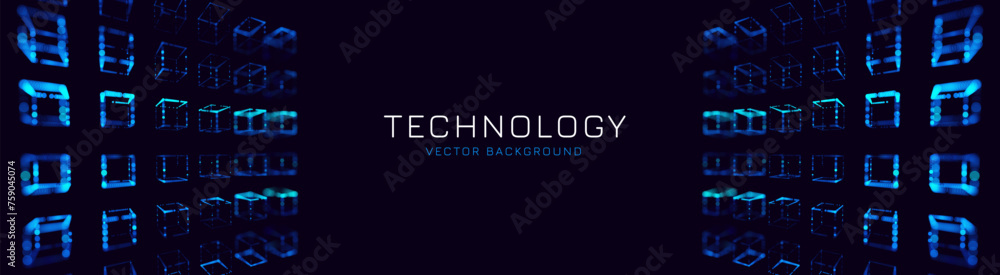 Poster Big Data Cube Quantum Computer Server Concept Background. 3D Blockchain Cube Blocks Concept. Data Sorting. Artificial Intelligence HUD Design Element.
