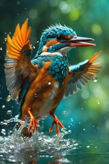 Kingfisher Flying Out of Water with Bright Colors, Water Splashes on Green Background.