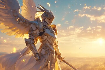 Angel with Armor and Wings Flying In Sky Illustration - obrazy, fototapety, plakaty