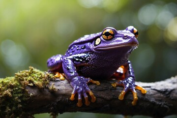 Fototapeta premium Purple Frog on Tree Branch in Orange-Purple Color Palette with Golden Speckles