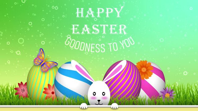 Goodness to you and happy easter greetings on beautiful blur background with colourful eggs and flowers.
