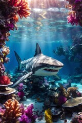 Shark Among Corals on Ocean Floor with Colorful Barrier Reef