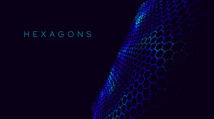 Graphene Technology Science 3D Background. Nanotechnology Honeycomb Lattice Nanostructure. Abstract Science Particles. Blue Network Connection Concept. Futuristic Honeycomb Concept. Vector