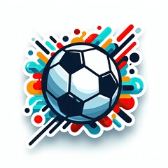 sticker of a black and white soccer ball with explosive colorful abstract shapes