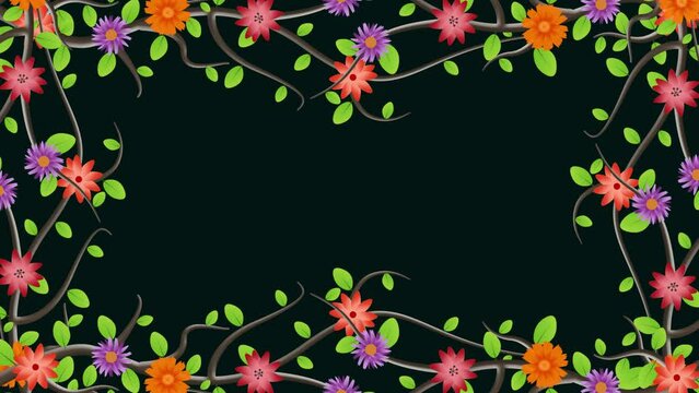 Floral frame on black background. Beautiful animation of flowers branches. Concept for environment related decoration.