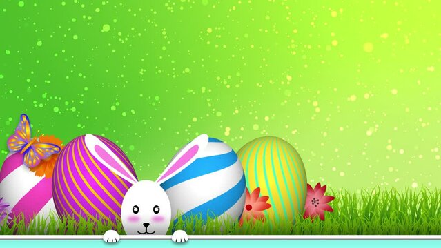 easter greetings copy space animation. Background of cute bunny, beautiful eggs, colourful flowers and butterfly.
