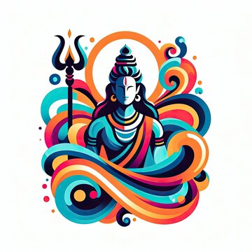 lord shiva indian hindu god diety colorful and vibrant illustration with flowing abstract shapes on white background
