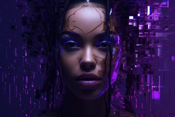 Portrait of a beautiful woman with futuristic makeup on dark background with glitch effect.