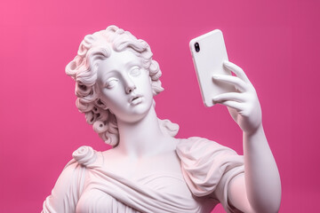 Statue of a woman taking a selfie with her smartphone on a pink background