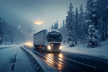 A large semi truck is driving down a snowy road. logistic concept - obrazy, fototapety, plakaty