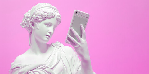 Sculpture of a goddess with a smartphone on a pink background.