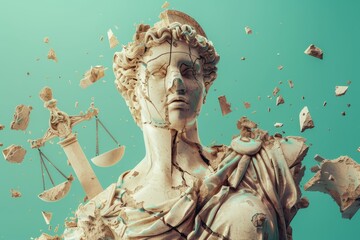 Destroyed statue of the goddess of justice with scales of justice on a blue background.