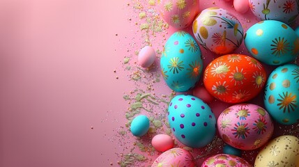 Fototapeta na wymiar a pile of brightly colored easter eggs on a pink background with gold sprinkles and sprinkles.