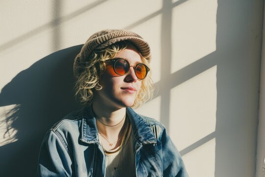 Stylish hipster girl in a hat and sunglasses poses on a windowsill