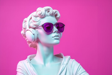 White sculpture of a goddess wearing pink sunglasses and headphones on a pink background.