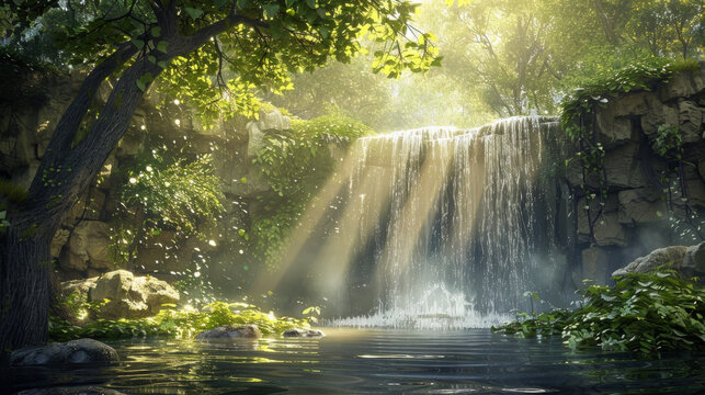 Sunrays filter through a grove, casting light on a waterfall and serene pond surrounded by rocks and lush greenery