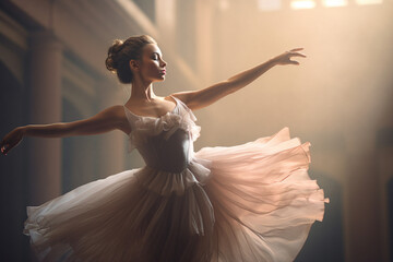 Generated with AI picture of female ballerina dancer wearing a delicate ballet dress while...