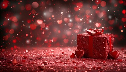 a red gift box with hearts and glitter