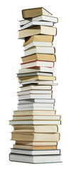 High stack of many different books isolated on white