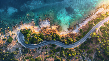 The image highlights a spectacular top-down aerial perspective of a coastal highway, golden hour light, and vivid sea colors