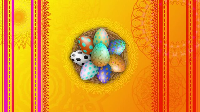 Beautiful animation of Easter holiday in traditional Design background and decorated easter eggs in nest.