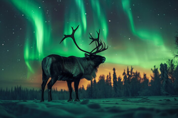 
majestic reindeer under the aurora borealis - obrazy, fototapety, plakaty