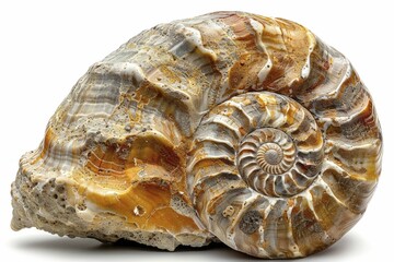 A single, detailed fossil shell on an isolated white background.