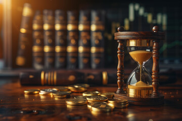 A wooden clock with sand in it sits on a table next to a pile of gold coins. Concept of wealth and luxury, as well as the passage of time - obrazy, fototapety, plakaty