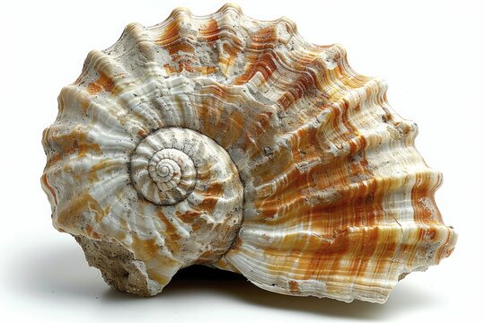 A solitary, intricate fossil shell against a pure white backdrop, showcasing exquisite details.