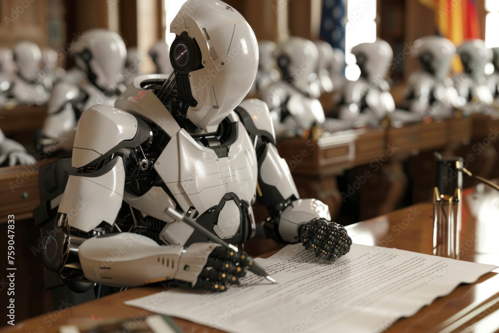 Poster a robot is sitting at a desk and writing on a piece of paper. the robot is in a formal setting. the 